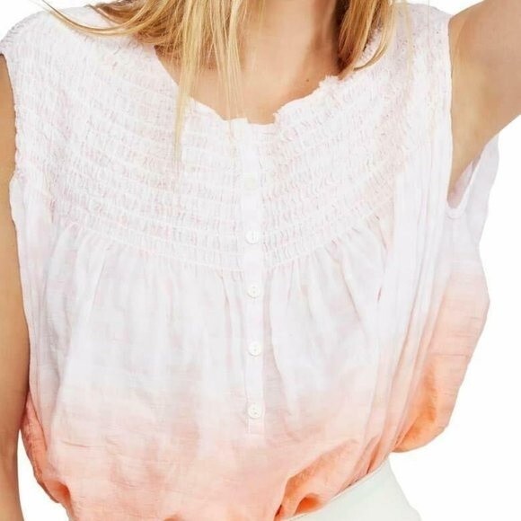 FREE PEOPLE WOMEN'S BLOUSE Orange SIZE Medium SMOCKED HENLEY $78 - Picture 1 of 6